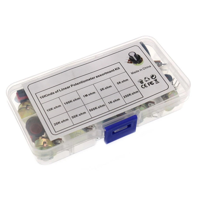 10 Values WH148 Potentiometer Kit B1K 2K 5K 10K 20K 50K 100K 250K 500K 1M 15mm Linear Taper Rotary Potentiometer Set 3Pin with Nuts and Knob Cap