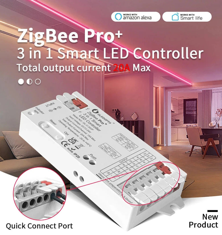 GLEDOPTO C-202P ZigBee3.0 Pro+ 3 in 1 LED Strip Controller 20A Max RGBCCT/RGBW/RGB Home Tuya Smart Life APP Voice Control with Alexa