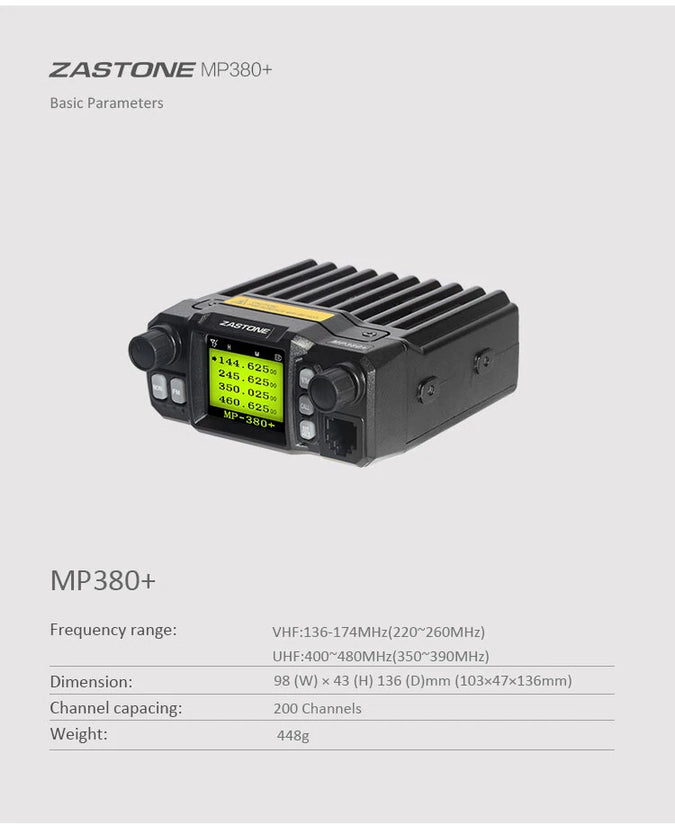 ZASTONE MP380+ Mobile Radio Car Walkie Talkie 25W Multi Band VHF UHF Mobile Transceiver 200 Channels Long Range Noise Reduction Powerful Signal Communication