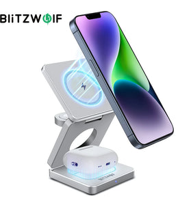 BlitzWolf BW-iw30 3-in-1 Foldable Magnetic 15W Wireless Charger Fast Charging Station for iPhone 17 16 15 14 13 12 Pro/Max/Plus for Apple Watch 9/8/7/6/5/4/3/2/SE/Ultra 2 for AirPods 3/2/Pro