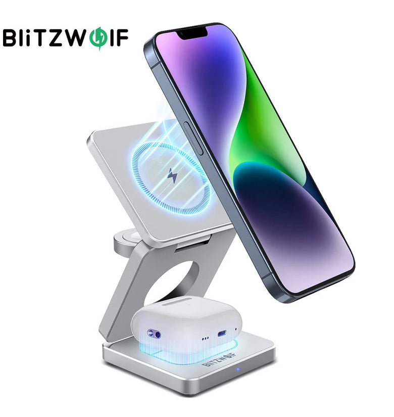 BlitzWolf BW-iw30 3-in-1 Foldable Magnetic 15W Wireless Charger Fast Charging Station for iPhone 17 16 15 14 13 12 Pro/Max/Plus for Apple Watch 9/8/7/6/5/4/3/2/SE/Ultra 2 for AirPods 3/2/Pro