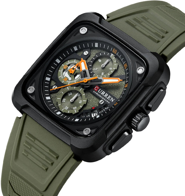 CURREN Men's Fashion Luminous Sports Watches Unique Square Dial with Chronograph Calendar Waterproof Silicone Strap Quartz Wristwatch