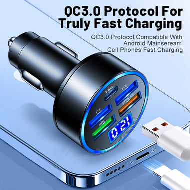 150W 5-Port USB PD Car Charger Adapter 4USB-A+1Type-C PD QC3.0 Fast Charging with Blue LED for iPhone 12 13 14 14 Pro 14Pro Max for Huawei Mate50 for Samsung Galaxy S23 for Xiaomi 13pro