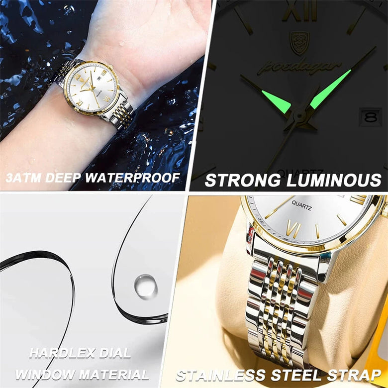 POEDAGAR Women Watch Thin Waterproof Luminous Quartz Watch Calendar Analog Stainless Steel Wrist Watch Date Lady Watch