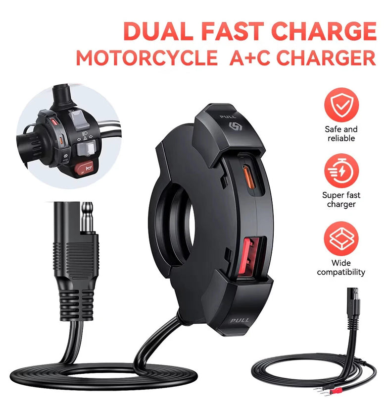 Motorcycle USB Charger 30W Type-C PD 18W USB-A Quick Charge 3.0 Waterproof IP65 Nylon Material Handlebar Mount DC 12V-24V