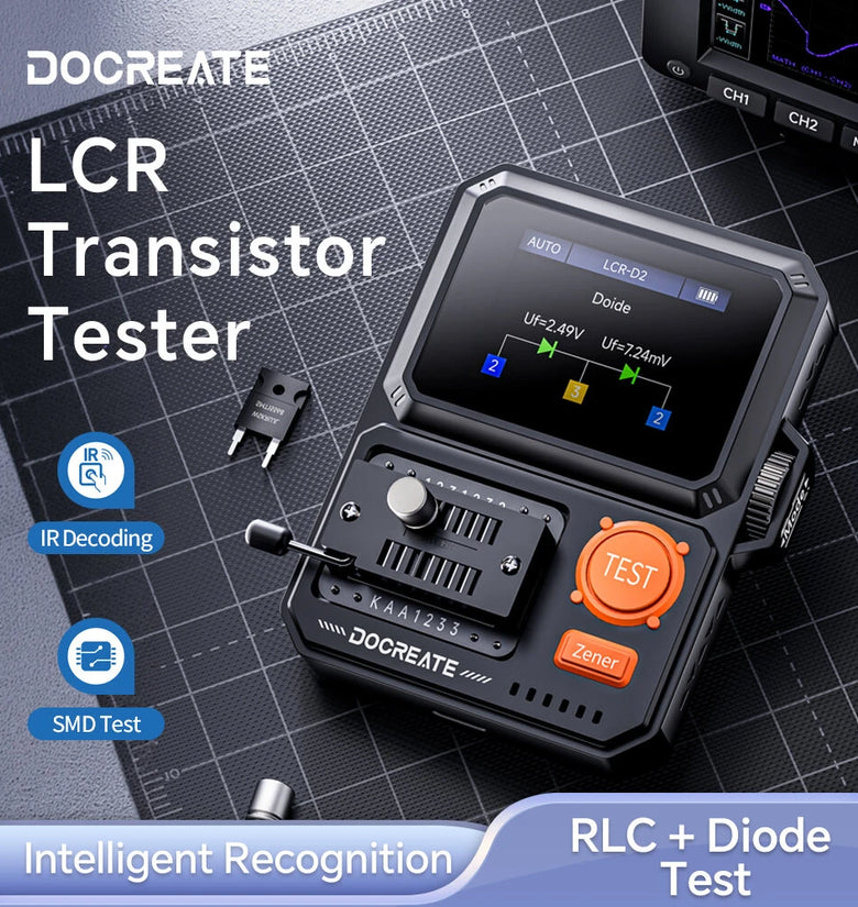 DOCREATE LCR-D2 Transistor Tester Digital LCR ESR Meter SMD Component Analyzer with IR Decoder for Diode Capacitor Inductor Resistor MOSFET IGBT