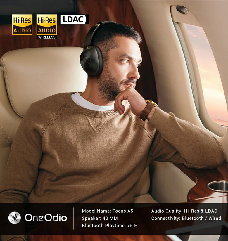OneOdio Focus A5 Wireless Headset ANC bluetooth Headphone -45dB Deep Active Noise Cancelling Hi-Res LDAC Low Latency Over Ear Headset