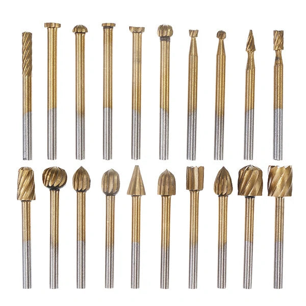 Drillpro 20Pcs Titanium Coated Rotary File Cutters HSS Mini Burr Wood Working Milling Carving Rasp Drill Bits