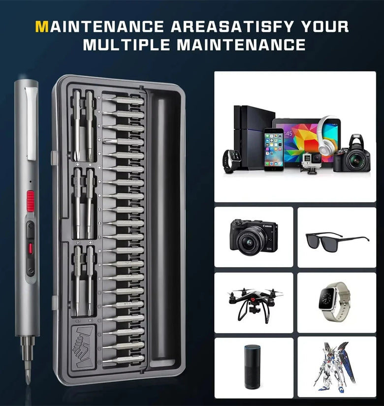CreationSpace CS0802A/CS0802B Mini Electric Screwdriver Set Rechargeable Lithium Battery 3 Torque Settings 26 Precision Bits LED Light Portable Repair Tool Fast Charging