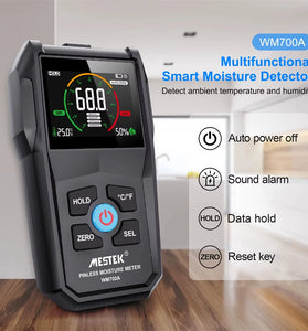 MESTEK WM700A Moisture Meter Electromagnetic Technology VA Reverse Screen Multi Material Use Softwood Hardwood Drywall Masonry Temperature Humidity Monitoring Accurate Measurement