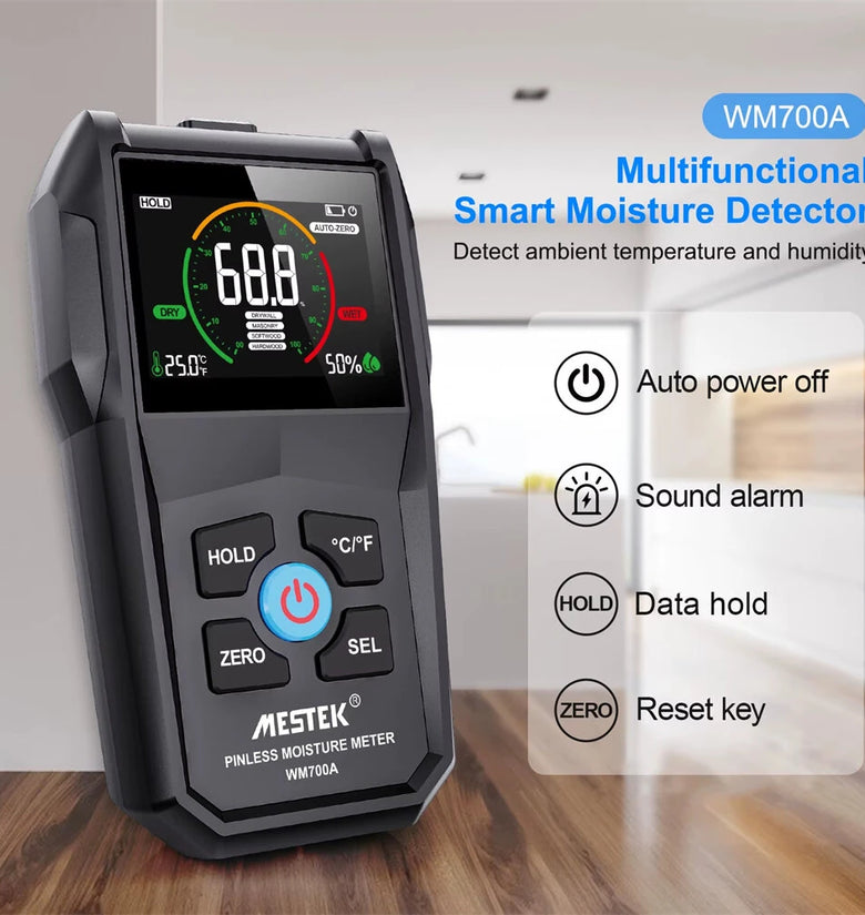 MESTEK WM700A Moisture Meter Electromagnetic Technology VA Reverse Screen Multi Material Use Softwood Hardwood Drywall Masonry Temperature Humidity Monitoring Accurate Measurement