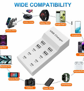 50W 10-Port USB Charger 4USB-A+6USB-C Fast Charging Desktop Charging Station EU Plug US Plug for iPhone 15 14 13 for Samsung Galaxy S24 for Huawei Pura 70 Ultra