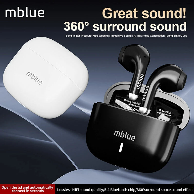 Mblue AR02 Sports Headset Wireless bluetooth 5.4 Earphone 13mm Dynamic Driver Unit 360 Spatial Surround Sound Call Noise Reduction 50H Battery Life IPX5 Waterproof Semi-in-ear Headphones