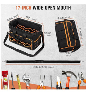 17 Inch Heavy Duty Tool Bag Oxford Cloth Portable Handheld and Crossbody Tool Organizer Large Capacity 35L Black Adjustable Strap Zipper Closure 900D Fabric