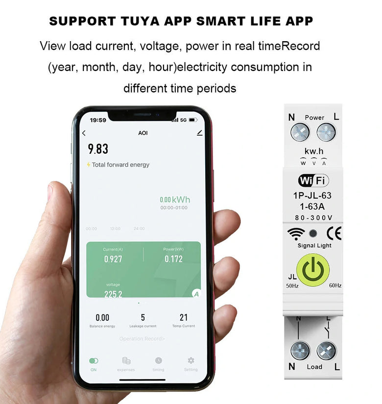 Tuya WiFi Intelligent Circuit Breaker ON OFF Timing Energy Meter Automatic Reclosing Protector with Metering and Prepaid Function Compatible with Alexa and Google Assistant for Voice Control