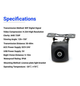 Samaeye AI WiFi Wireless Car Infrared Night Vision Reverse Cameras AHD720P License Plate Lens IP68 Waterproof Wide Angle