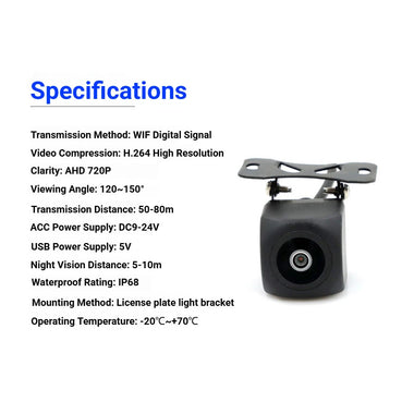 Samaeye AI WiFi Wireless Car Infrared Night Vision Reverse Cameras AHD720P License Plate Lens IP68 Waterproof Wide Angle