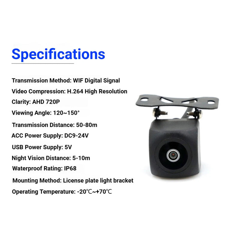 Samaeye AI WiFi Wireless Car Infrared Night Vision Reverse Cameras AHD720P License Plate Lens IP68 Waterproof Wide Angle