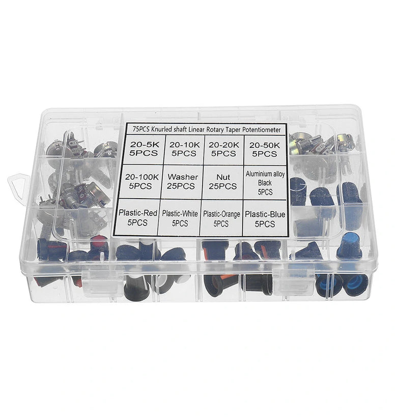75 Potentiometers B5K B10K B20K B50K B100K ohm Knurled Shaft Single Linear Rotary Cone Volume Control Potentiometer Kit