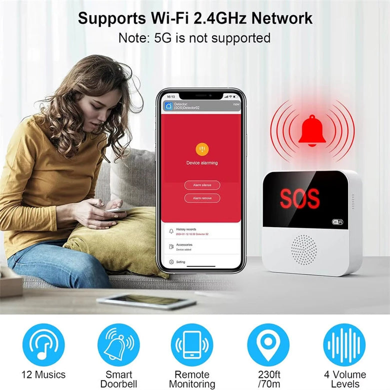 CF100 Tuya WiFi Alarm System Emergency Call Button for Seniors Emergency Call Receiver+Call Buttons SOS Bracelet Call Buttons Alert System
