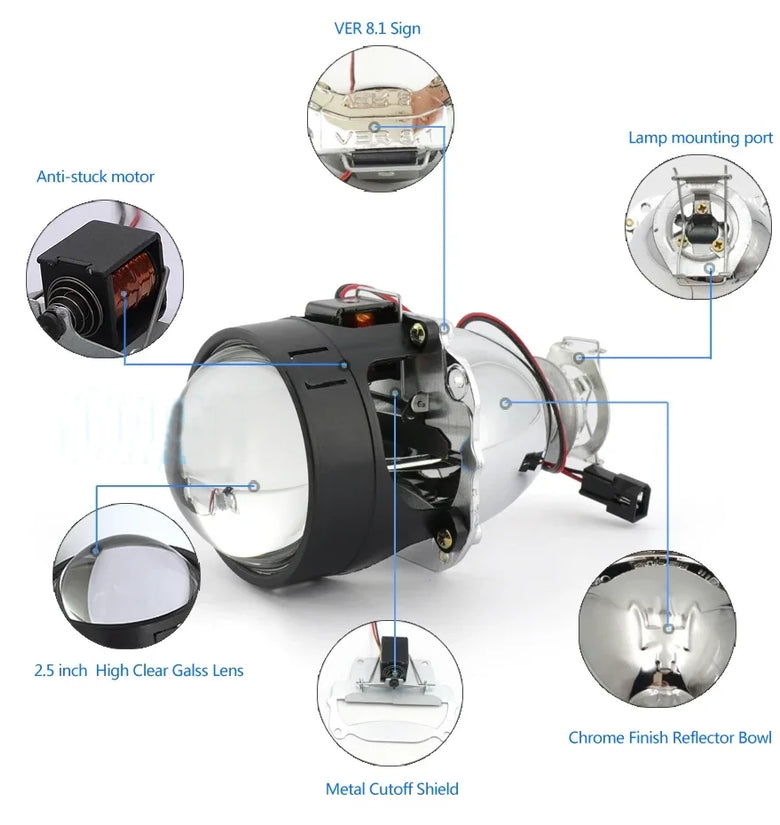 2.5'' VER 8.1 Bi-Xenon Projector Lens H1 Motorcycle Headlight for X5 BM Sport Motorcycle LED Square Angel Eyes DRL Retrofit H4 H7