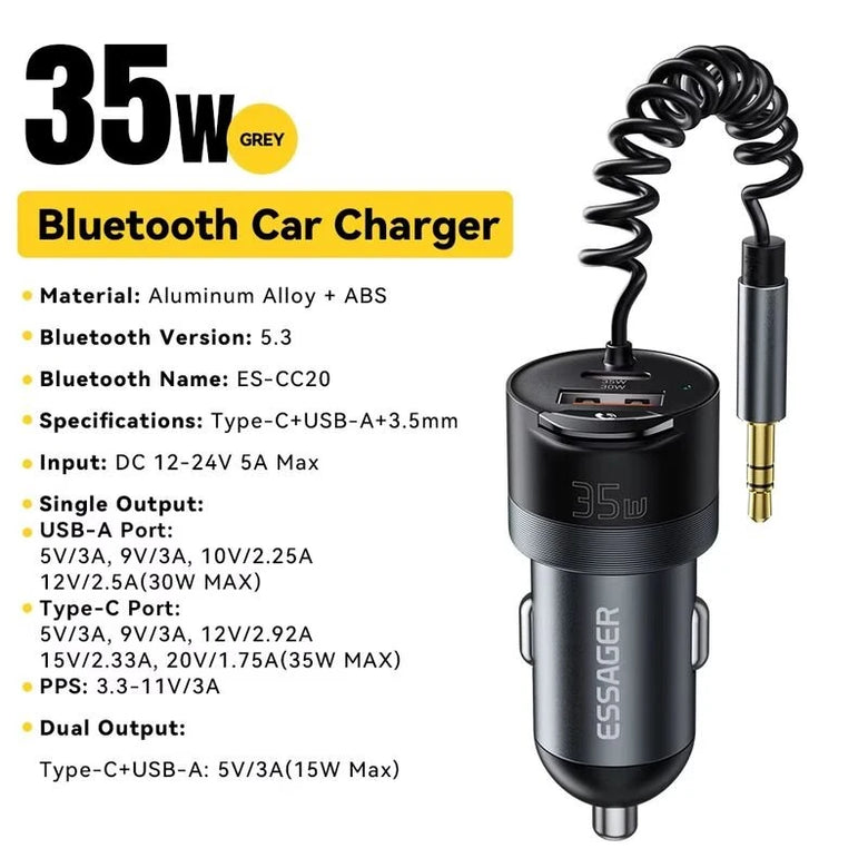 ESSAGER ES-CC20 bluetooth V5.3 FM Transmitter 35W PD + QC3.0 USB Car Charger Wireless Radio Adapter HiFi Music Play Car Kit With Mic Hands Free Calls