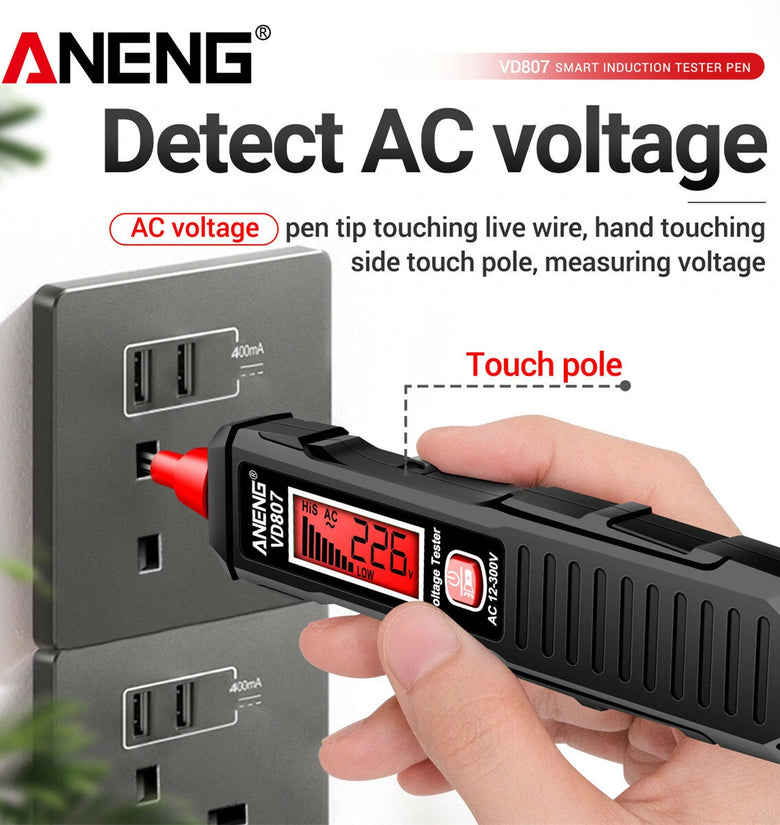 ANENG VD807 Voltage Tester Pen High-Sensitivity Induction 12-300V Measurement Range with Sound and Light Alarm System LED Lighting Auto Power Off Safety Tool for Household and Professionals