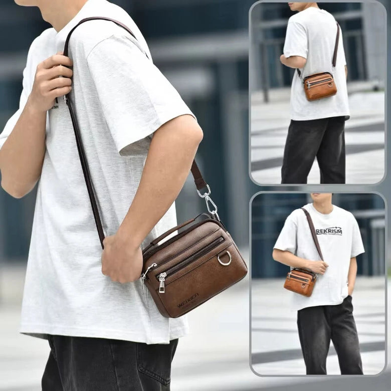WEIXIER PU Leather Men's Small Crossbody Bag Waterproof Portable Waist Pack Fashion Travel Handbag Multi-layer Storage Single Shoulder Bag