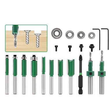 15Pcs Adjustable Woodworking Countersink Drill Bit Set with TCT Router Bits S2 Magnetic Screwdriver Carbide Tipped bits for Softwood Hardwood MDF Wood Flush Trimming and Precise Screw Hole Drilling Kit