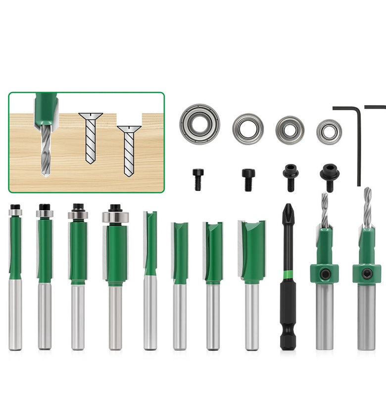 15Pcs Adjustable Woodworking Countersink Drill Bit Set with TCT Router Bits S2 Magnetic Screwdriver Carbide Tipped bits for Softwood Hardwood MDF Wood Flush Trimming and Precise Screw Hole Drilling Kit