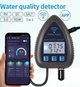 Tuya WiFi Bluetooth 5 in 1 Water Quality Monitor PH EC SALT SG Temperature Multi Function Water Analyzer APP Control for Aquarium Aquaculture Hydroponics Swimming Pool