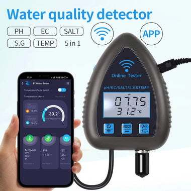 Tuya WiFi Bluetooth 5 in 1 Water Quality Monitor PH EC SALT SG Temperature Multi Function Water Analyzer APP Control for Aquarium Aquaculture Hydroponics Swimming Pool