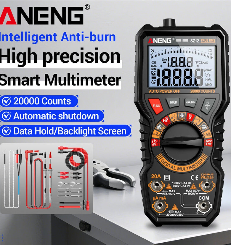 ANENG SZ11 SZ12 Pro Digital Multimeter 20000 Counts True RMS AC DC Voltage Current Resistance Capacitance Frequency Temperature Tester NCV Live Wire Detection Backlit LCD Auto Shutdown
