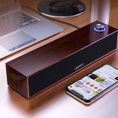E350MB Wired bluetooth Soundbar Wooden Computer Speakers with Volume Knob Dual Speakers Deep Bass Support 3.5mm AUX Speaker Soundbar
