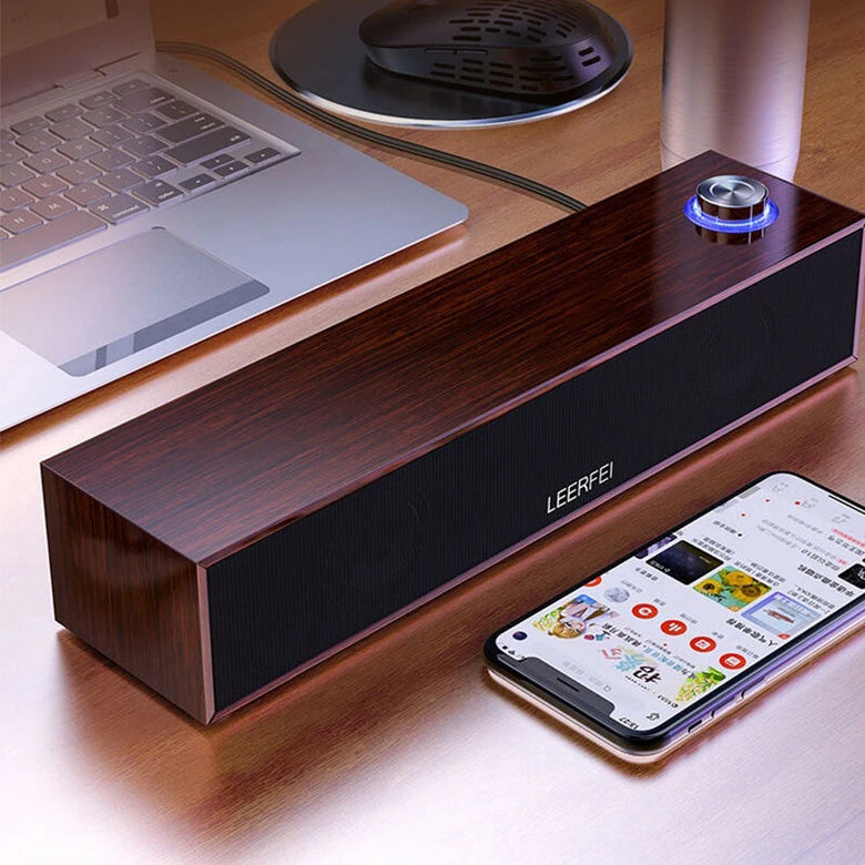 E350MB Wired bluetooth Soundbar Wooden Computer Speakers with Volume Knob Dual Speakers Deep Bass Support 3.5mm AUX Speaker Soundbar