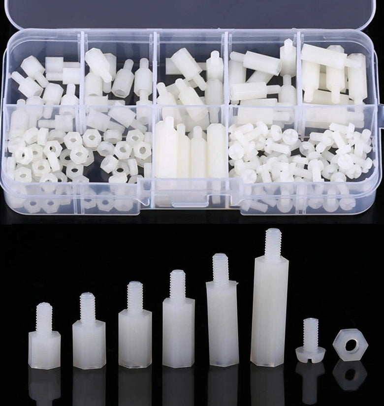 180pcs M3 Nylon White M-F Hex Standoff Spacers Screw Nut Assortment Kit with Box