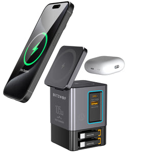 [GaN Tech]Blitzwolf i116 Max 105W 6-in-1 Power Combo Desktop Charger Station with Built-in Dual Telescopic Type-C Cable + USB-A+USB-C + 2-in-1 Wireless Charger for Smart Phones for iPhone 16 16 Pro 15 14