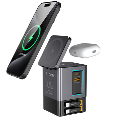 [GaN Tech]Blitzwolf i116 Max 105W 6-in-1 Power Combo Desktop Charger Station with Built-in Dual Telescopic Type-C Cable + USB-A+USB-C + 2-in-1 Wireless Charger for Smart Phones for iPhone 16 16 Pro 15 14