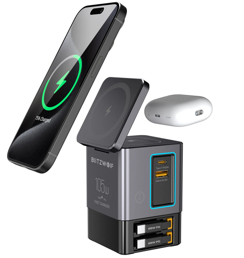 [GaN Tech]Blitzwolf i116 Max 105W 6-in-1 Power Combo Desktop Charger Station with Built-in Dual Telescopic Type-C Cable + USB-A+USB-C + 2-in-1 Wireless Charger for Smart Phones for iPhone 16 16 Pro 15 14