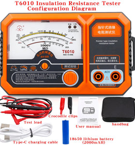 T6005 T6010 Insulation Resistance Tester Electronic Megohmmeter 500V 1000V High Accuracy Low Resistance Alarm Professional Electrical Test Tool