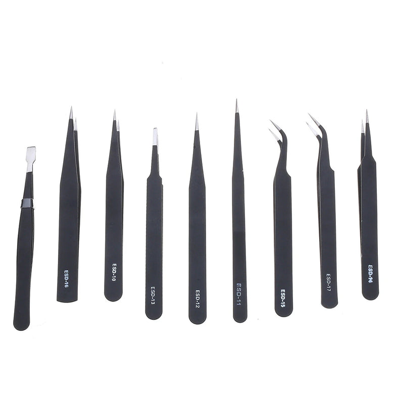 10PCS ESD Tweezer Anti-static Stainless Steel Precisiion Tweezers for Electronics Nail Beauty