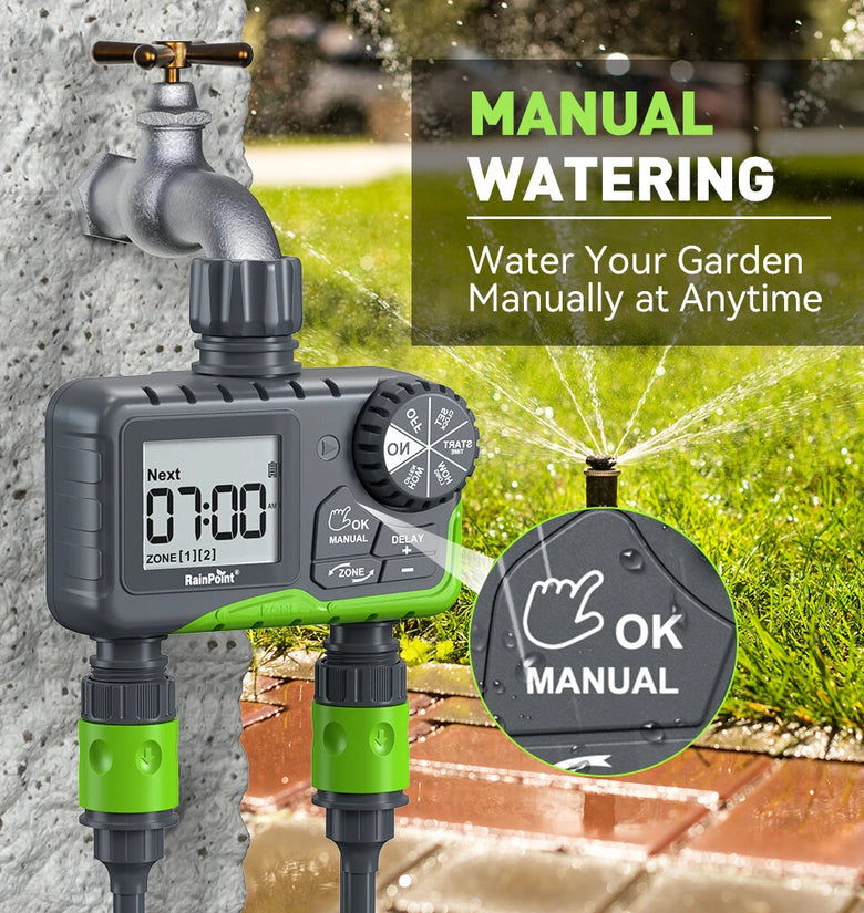 Rainpoint Dual Zone Garden Smart Timer Irrigation Valve Automatic Watering Device Smart Timer Controller for Garden