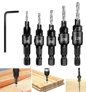 5PCS Countersink Drill Bit Set +1PC Wrench Wood Tools Carpentry Woodworking Drill Bit Pilot Holes Hex Shank Screw Size #5 #6 #8 #10 #12