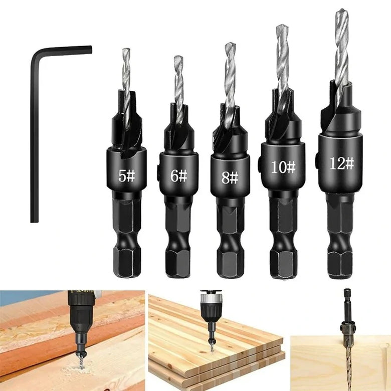 5PCS Countersink Drill Bit Set +1PC Wrench Wood Tools Carpentry Woodworking Drill Bit Pilot Holes Hex Shank Screw Size #5 #6 #8 #10 #12