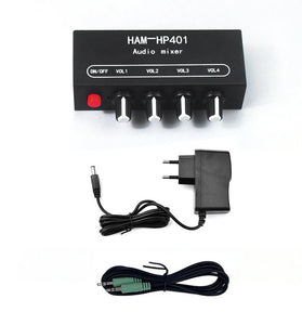 HAM-HP401 DC 5V-12V Stereo Audio Mixer 4 Input 1 Output Individual Volume Control Headphone Amplifier 3.5mm Jack DIY Sound Mixing