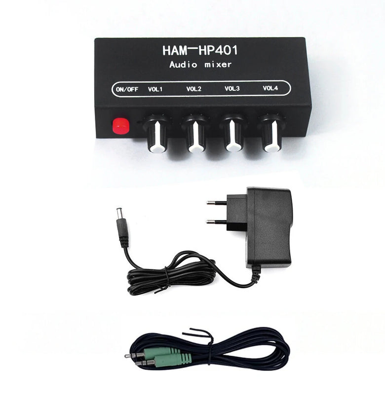HAM-HP401 DC 5V-12V Stereo Audio Mixer 4 Input 1 Output Individual Volume Control Headphone Amplifier 3.5mm Jack DIY Sound Mixing