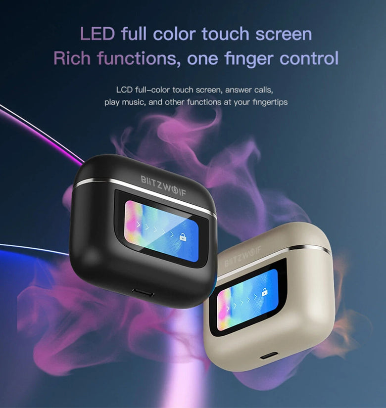 BlitzWolf BW-FYE16 LED Screen TWS Earbuds bluetooth Earphone Colorful Touch Screen Active Noise Cancelling 32h Battery Life 3D Spatial Audio HD Calls IPX5 Waterproof Portable Headset