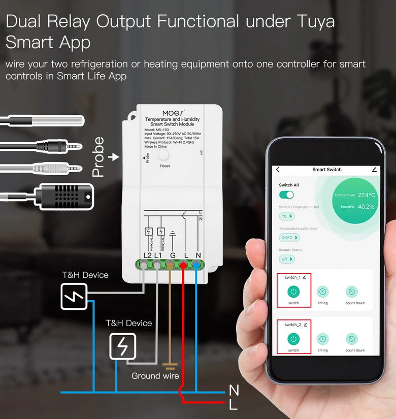 MS-103 Tuya WiFi Smart Temperature Humidity Switch Module Sensor Dual Relay Output Smart Life App Wireless Controller Work with Alexa Google