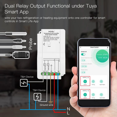 MS-103 Tuya WiFi Smart Temperature Humidity Switch Module Sensor Dual Relay Output Smart Life App Wireless Controller Work with Alexa Google