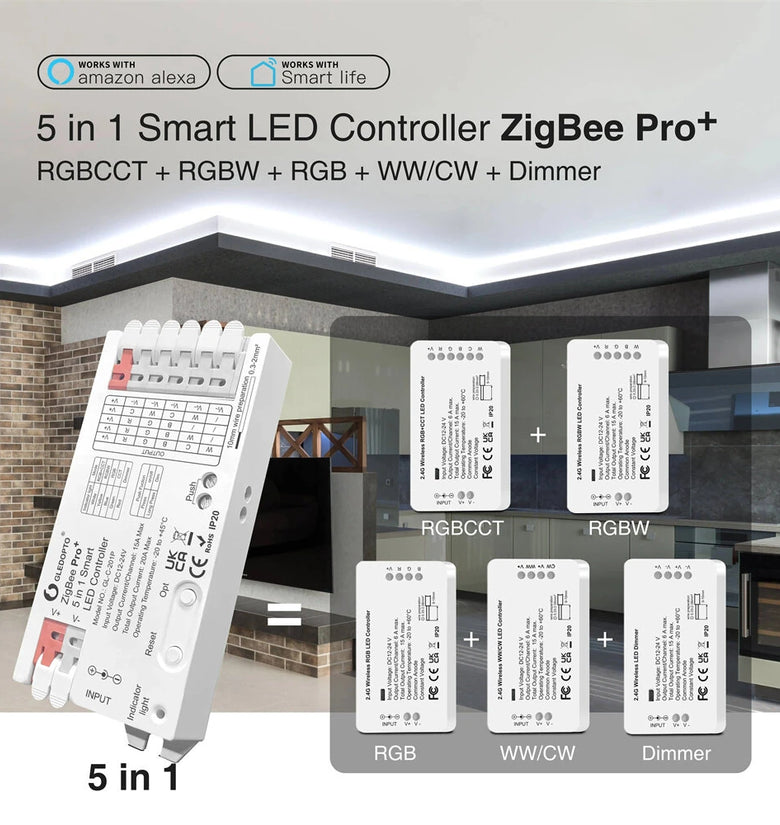 GLEDOPTO C-201P ZigBee3.0 Pro+ 5 in 1 LED Strip Controller 20A Max RGBCCT/RGBW/RGB/CCT/Dimmer Home Tuya Smart Life APP Voice Control with Alexa